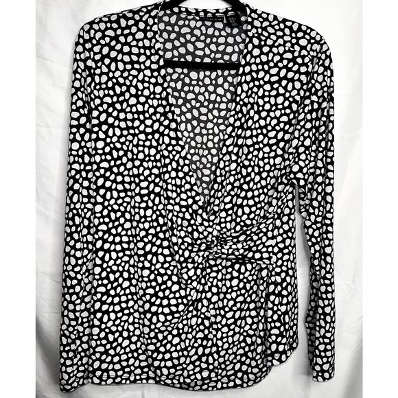 Tahari Womens Size XL Black White Dot Pattern Cross Front Long Sleeve Blouse - Picture 1 of 8